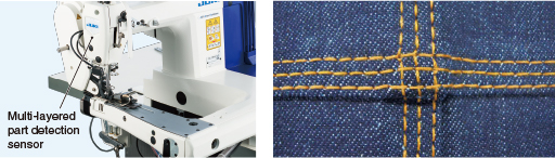 The multi-layered part detection sensor helps feed the material smoothly allowing the sewing machine to produce beautiful seams
